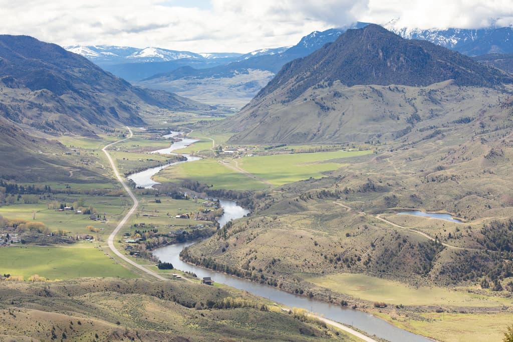 aerial shot of the yellowstone river near bozeman